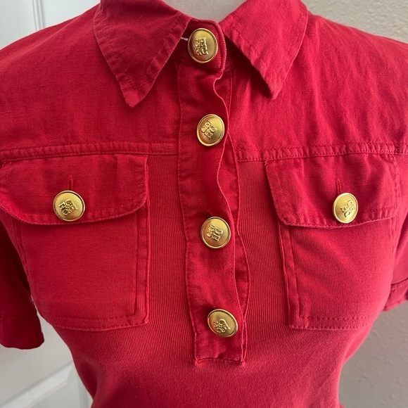 Carolina Herrera linen cotton blend giant monogram buttons polo top - Picture 3 of 8